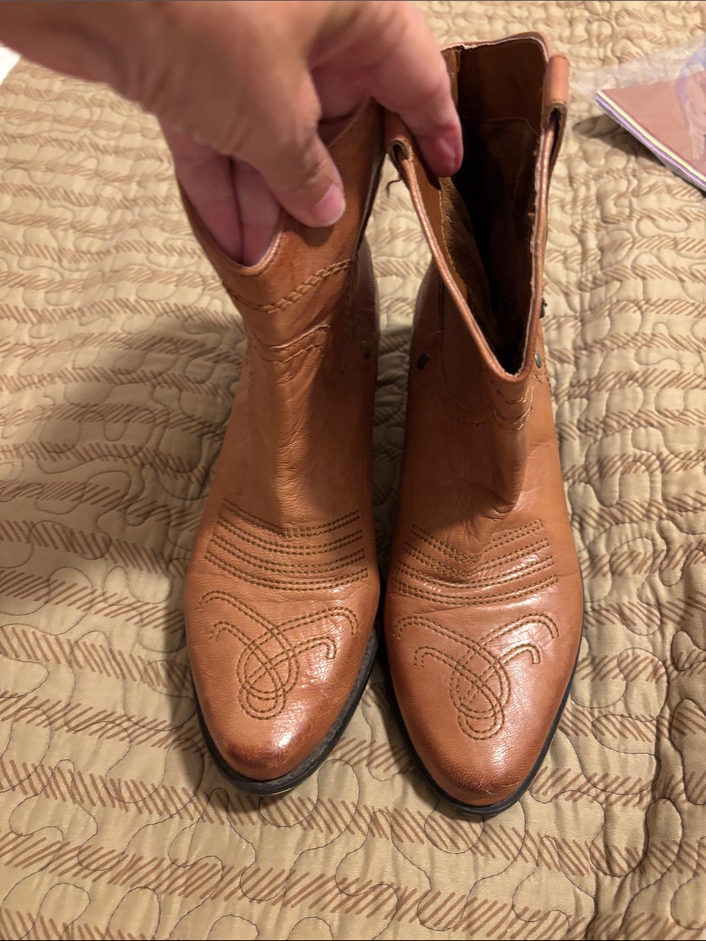 Women's Franco Sarto Tan Leather Ankle Boots - Classic Western Stitch 7.5